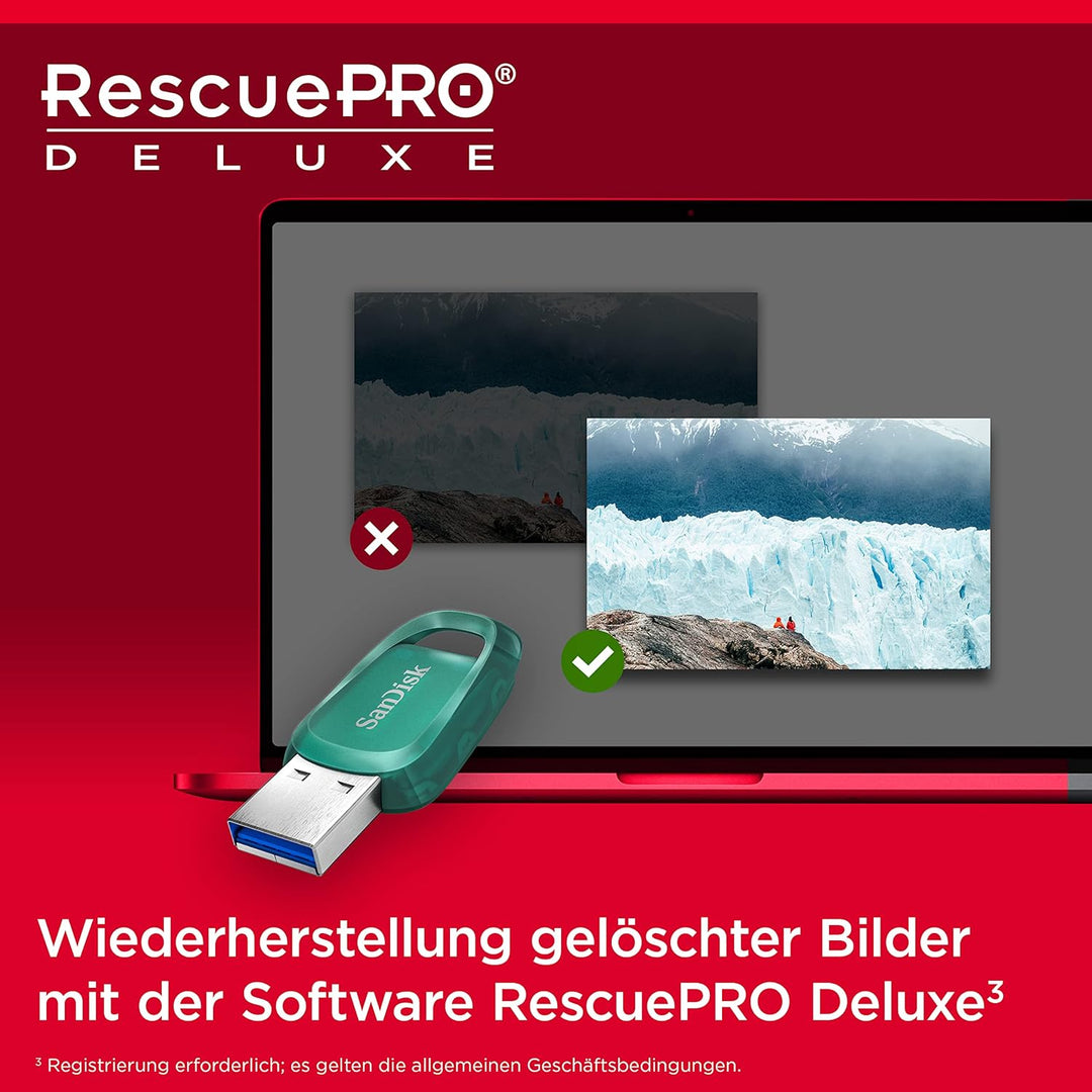 SanDisk Ultra Eco USB 3.2 Flash-Laufwerk 256 GB (Lesegeschwindigkeit bis 100 MB/s, RescuePRO Deluxe,