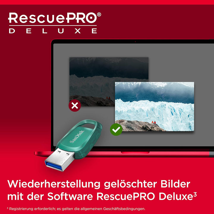 SanDisk Ultra Eco USB 3.2 Flash-Laufwerk 256 GB (Lesegeschwindigkeit bis 100 MB/s, RescuePRO Deluxe,
