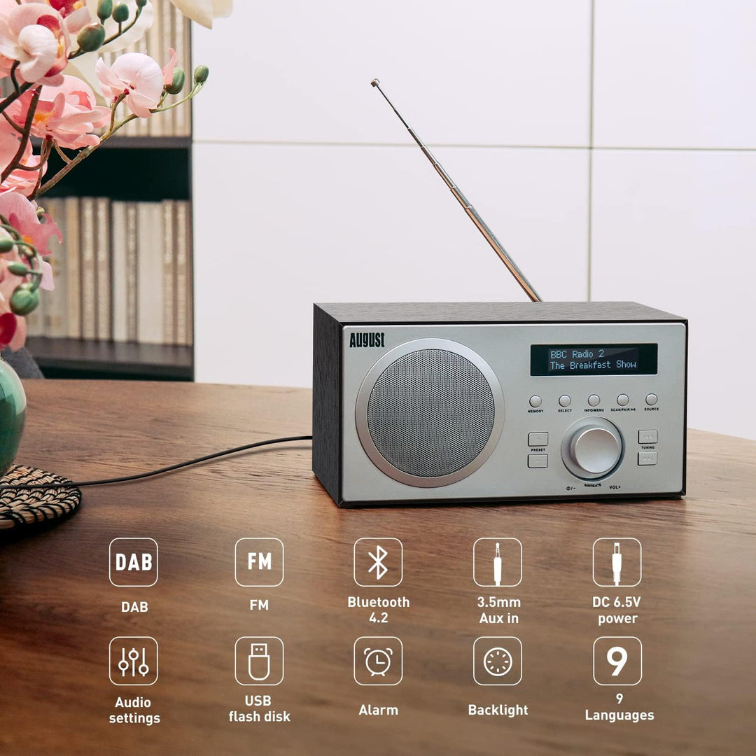 DAB+/FM Radio mit Bluetooth-August MB420-Digitales Küchenradio Holzgehäuse RDS-Funktion 60 Presets H
