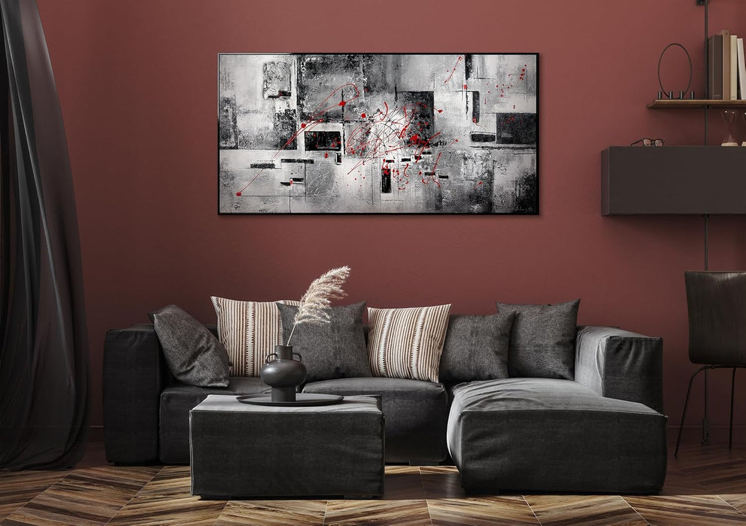 YS-Art XXL Abstrakt Acryl Gemälde auf Leinwand Courage handgemalt Wandbilder schwarz weiss grau rot