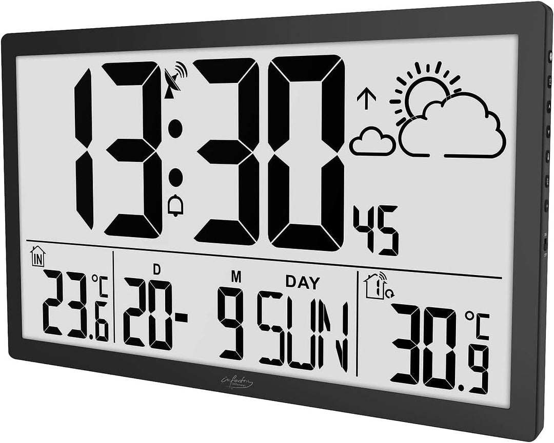 infactory XXL Wanduhr Digital: Funk-Wanduhr mit Jumbo-LCD-Display, Wetterstation und Aussensensor (G