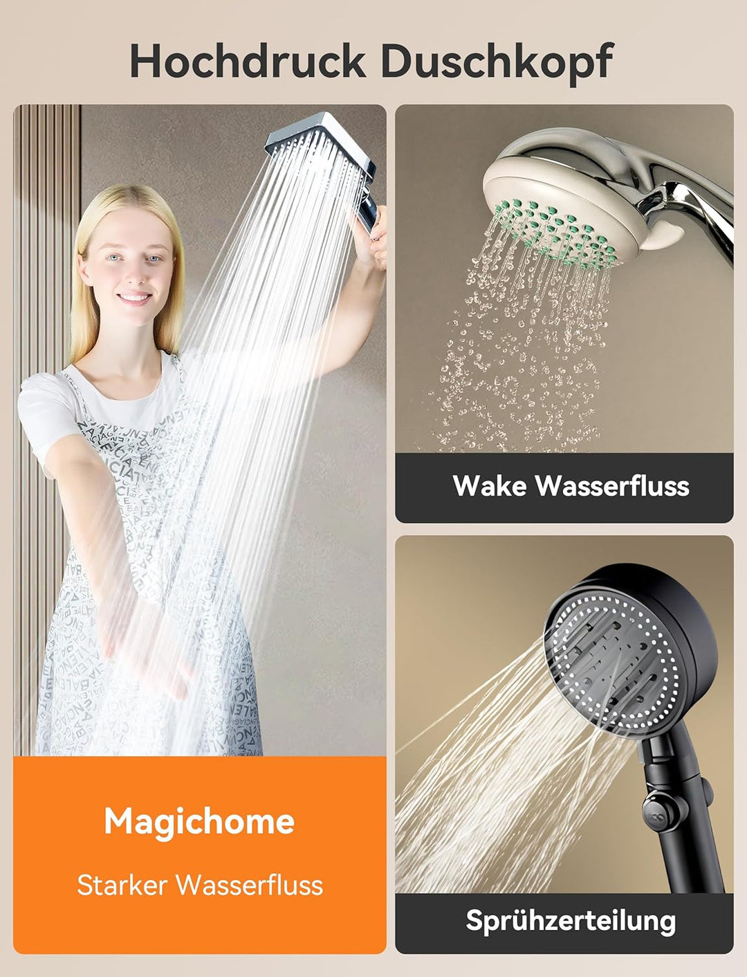 Magichome Duschkopf mit Schlauch mit 6 Strahlarten Duschkopf Wassersparend mit Schlauch 1,5M Handbra