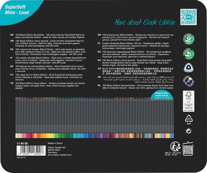 Faber-Castell 116490 - Buntstifte Black Edition, 100er Metalletui, bruchsicher, für Kinder und Erwac