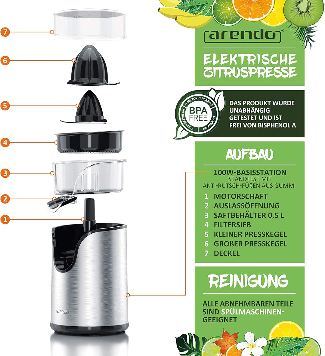 Arendo - Edelstahl Zitruspresse elektrisch - 100 Watt - Zitronenpresse Orangenpresse Limettenpresse