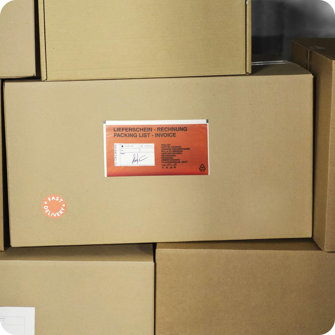 Netuno 1000 rote Lieferscheintaschen selbstklebend bedruckt DIN lang 131x 239 mm Begleitpapiertasche