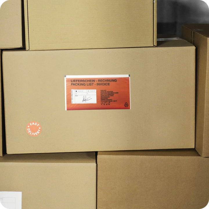 Netuno 1000 rote Lieferscheintaschen selbstklebend bedruckt DIN lang 131x 239 mm Begleitpapiertasche