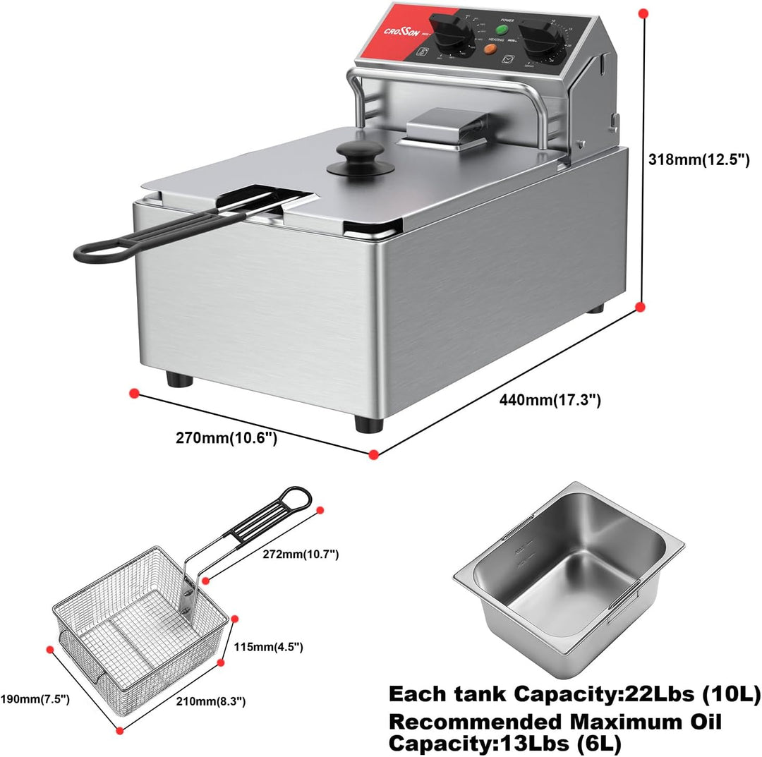 CROSSON 6L Elektrische Aufsatzfritteuse mit leicht zu reinigendem rotierendem Fritteusenkopf, 30 Min