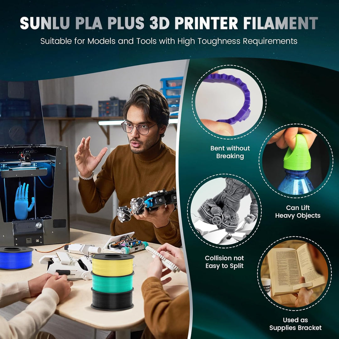 SUNLU PLA+ 3D-Druckerfilament 8er-Pack, PLA PLUS Filament 1,75 mm, 0,25 kg Spule, 8 Farben, Schwarz