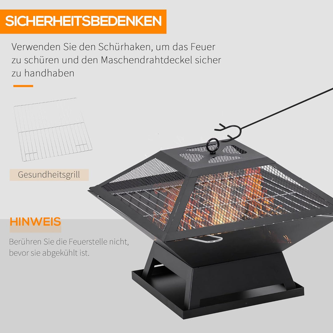 Outsunny Feuerschale mit Funkenschutz Grillrost Schürhaken Feuerkorb Feuerstelle für Garten Camping