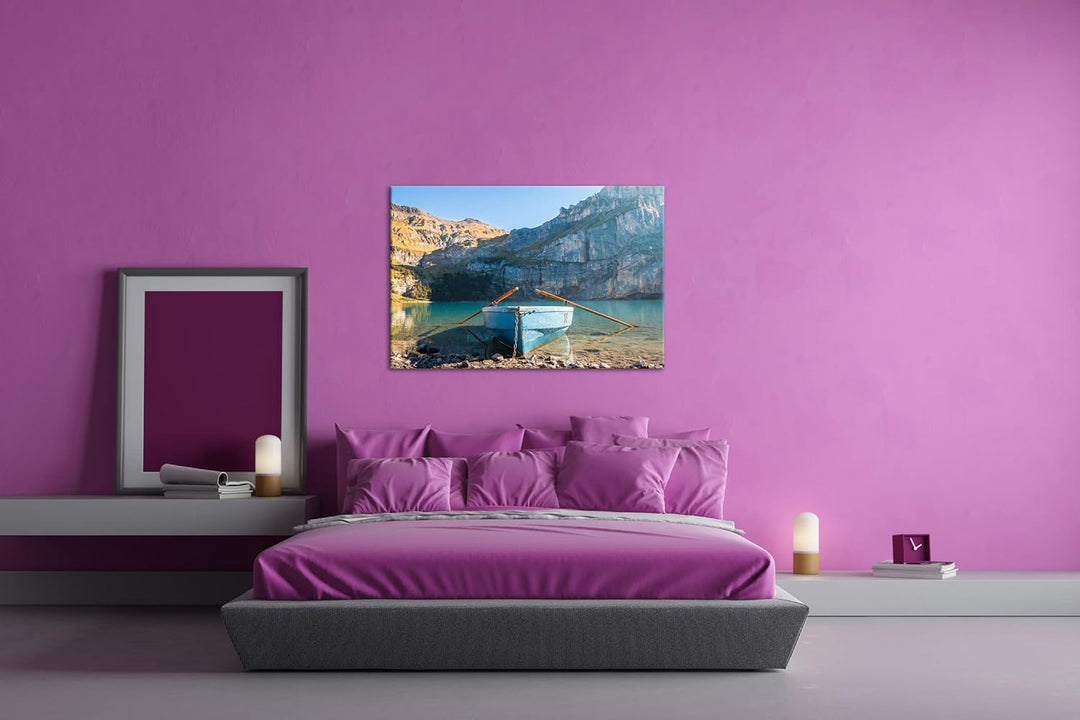 deyoli Traumhaftes Boot am See Format:90x60 cm als Leinwandbild, Motiv fertig gerahmt auf Echtholzra