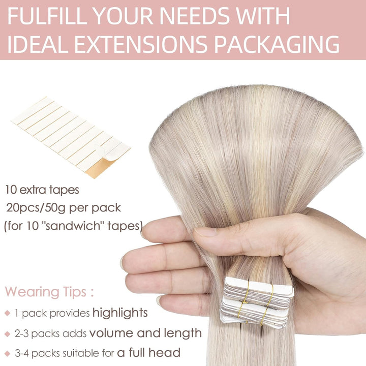Silk-co Tape Extensions Echthaar 20stk, Haarverlängerung Tape in Extensions Echthaar, Remy Haarexten
