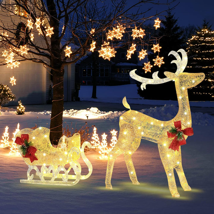COSTWAY LED-Rentier mit Schlitten, Weihnachtsdeko, beleuchtete Rentier Weihnachtsfigur mit 100 warmw