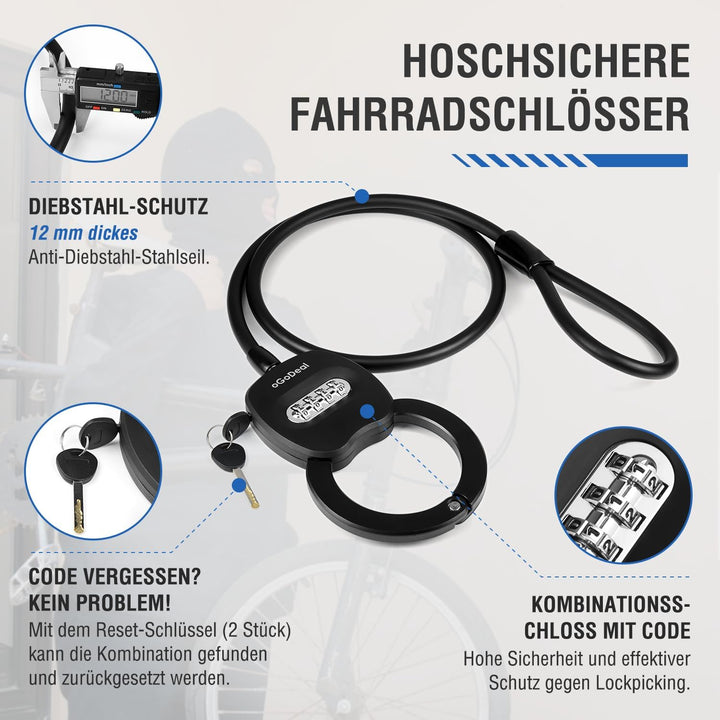 E Scooter Schloss, oGoDeal Fahrradschloss Zahlenschloss 1.2 m, Kabelschloss mit Sicherheitsstufe Seh