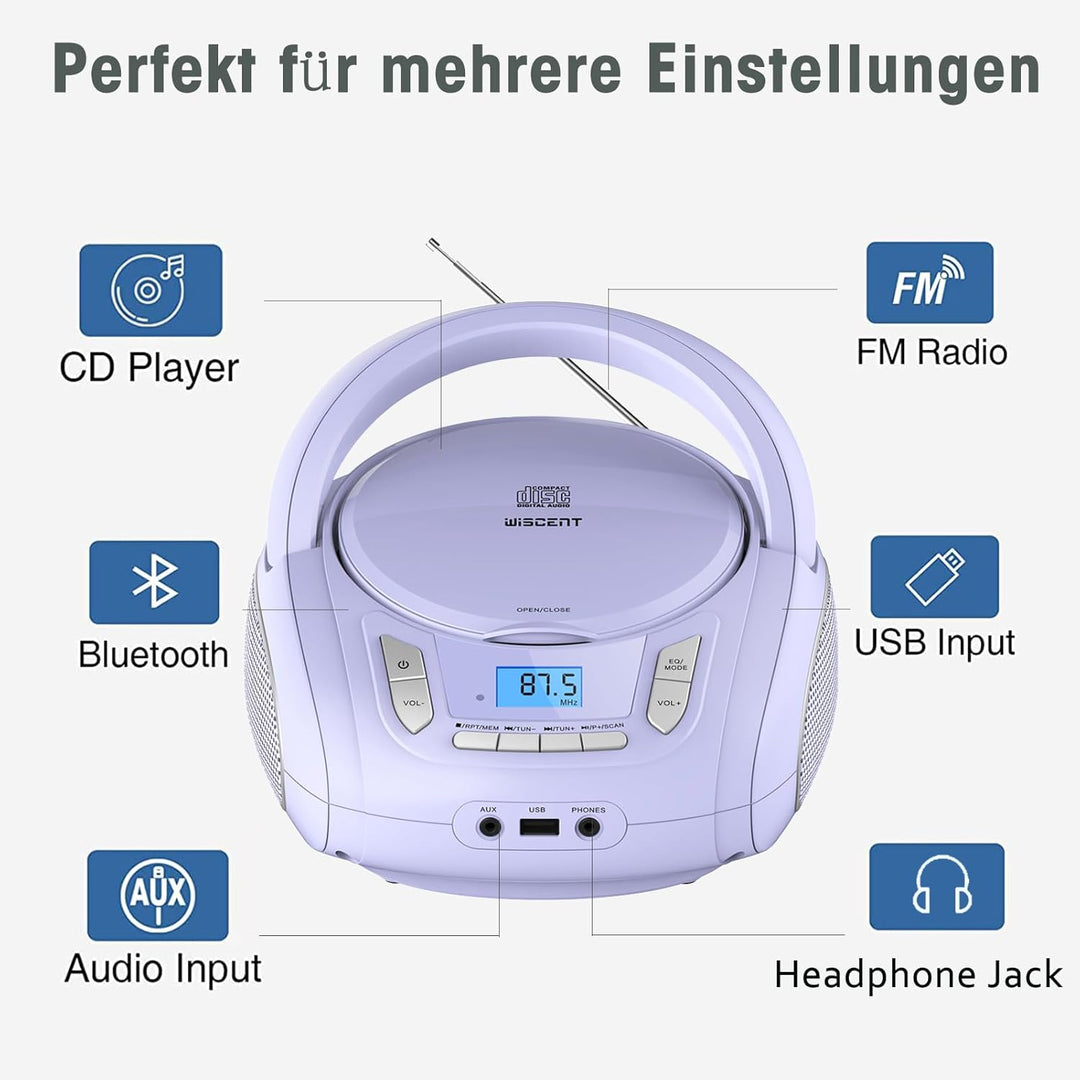 Tragbarer CD-Player für Kinder - Radio-CD-Boombox mit Bluetooth, FM-Radio, USB-Eingang & AUX-Anschlu