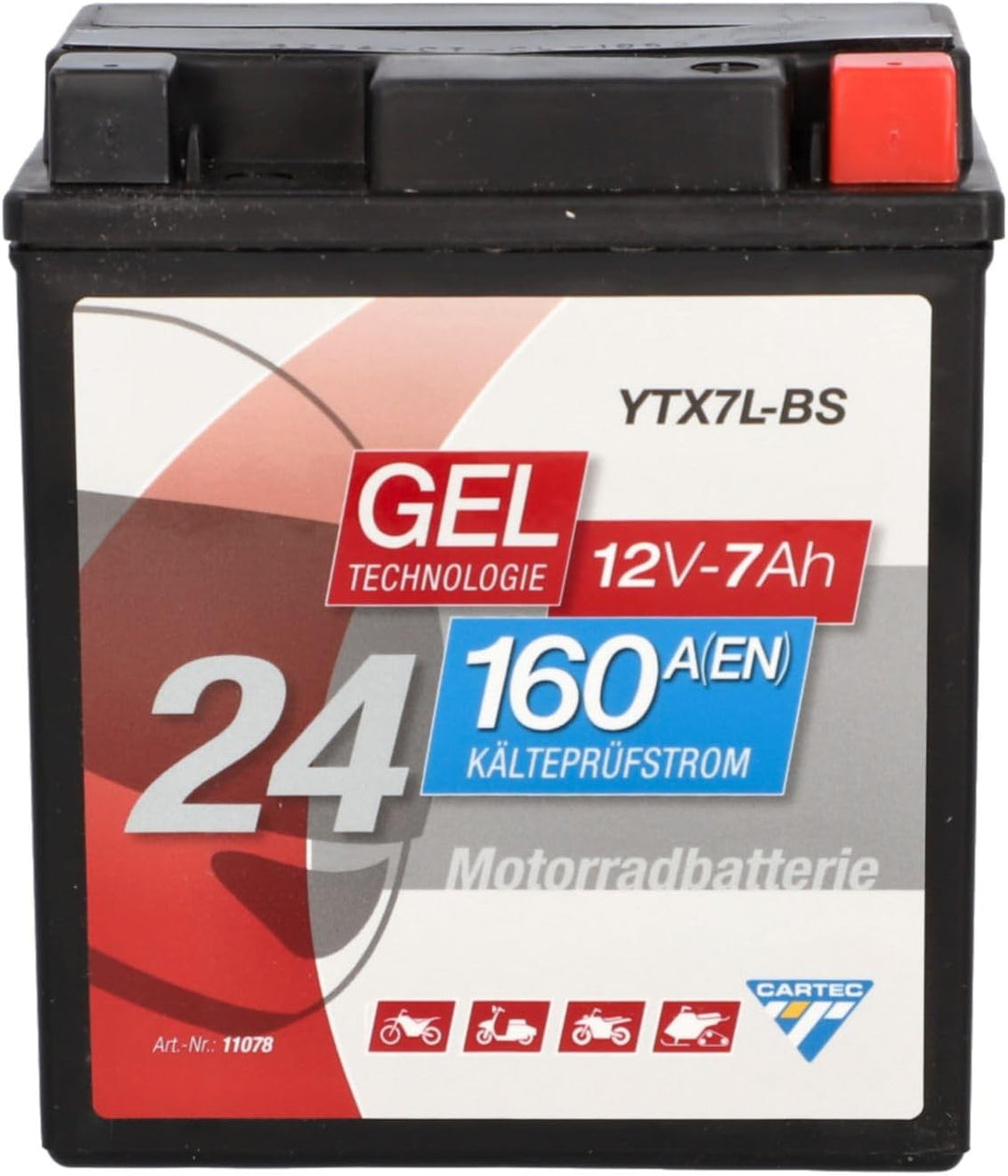 CARTEC Motorradbatterie YTX7L-BS, 6Ah, 100A, Gel Technologie Motorrad-Starter-Batterie, Erstausrüste