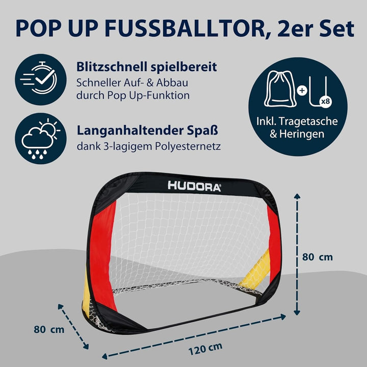 HUDORA Pop Up-Fussballtor 2er Set - Faltbare Fussballtore für Kinder & Erwachsene - Fussballtor Gart