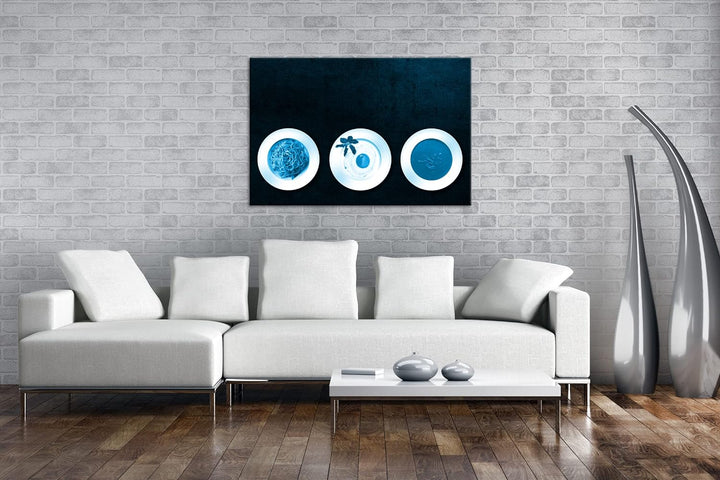 deyoli Teller mit Mahlzeiten Format 80x60 Effekt: Monocrome Blau als Leinwandbild, Motiv fertig gera