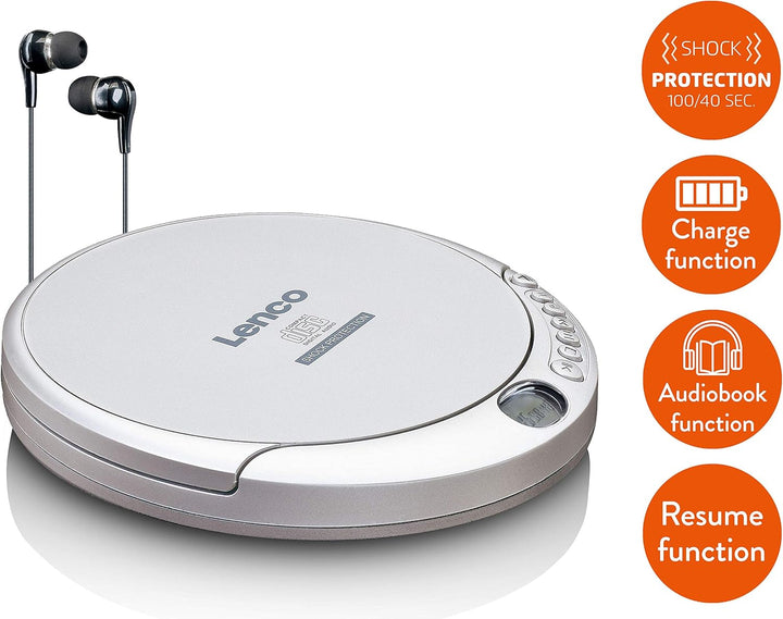 Lenco CD-201 - Tragbarer CD-Player Walkman - Diskman - Mit Kopfhörern und Mikro USB Ladekabel - Silb