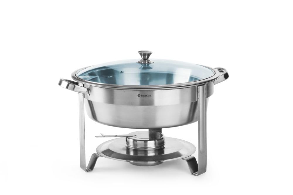 HENDI Chafing Dish, Rund, mit Glasdeckel mit einem Brennpastenbehälter und Lebensmittelpfanne, Warmh