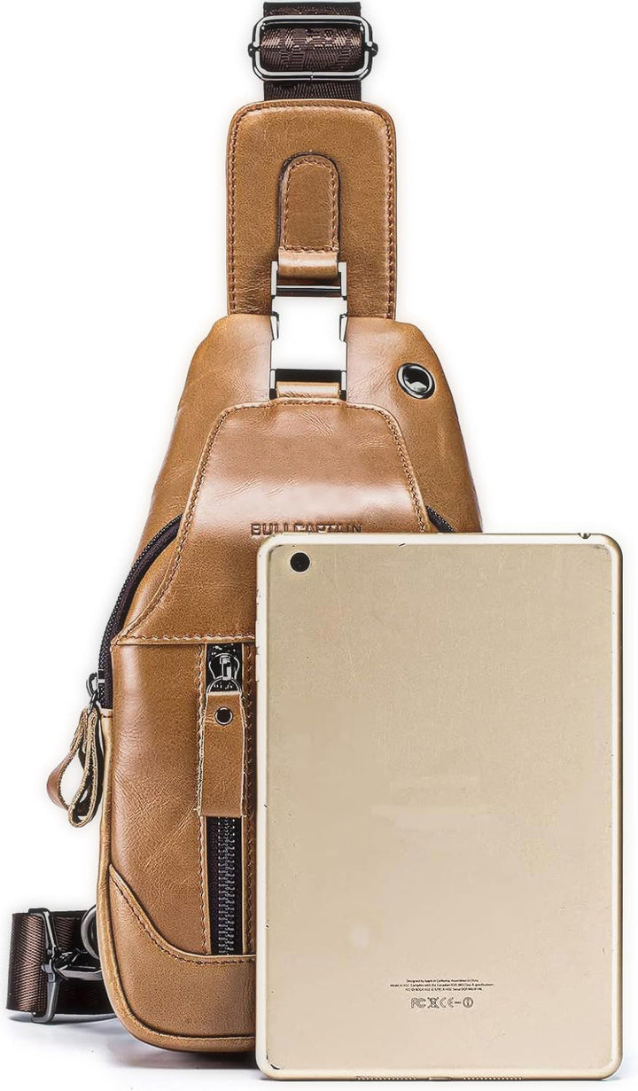 LOONGYOON Herrenbrusttasche aus Leder Umhängetasche mit Kopfhöreröffnung Studie über Sportreisen Mul