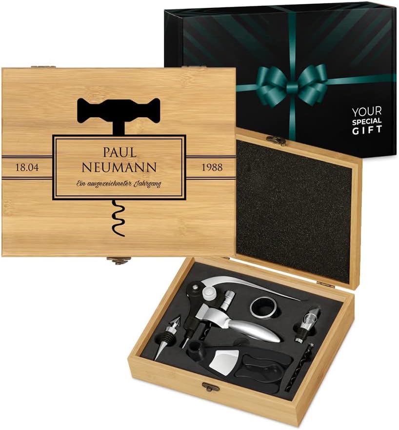 Maverton Weinöffner-Set personalisiert Weinset Sommelier Set - Geschenkbox Holzbox + 6er Weinzubehör