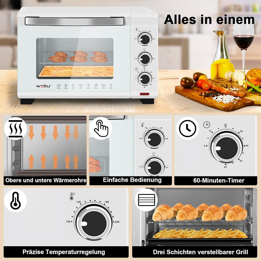 WOLTU Mini Backofen 20 Liter Pizzaofen Glastür mit Backblech mit Timer 100-250°C 1400 Watt Weiss BF0