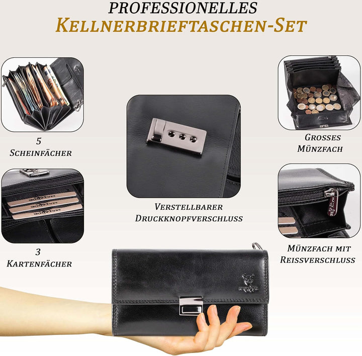 MATADOR Leder Profi-Kellner-Set Kellner-Geld-Börse-Tasche-Portemonnaie mit Kette Bedienungsgeldbeute