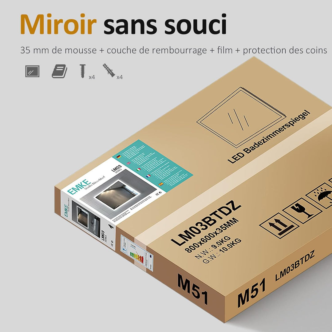 EMKE LED Badspiegel 80x60cm Badezimmerspiegel mit Beleuchtung 3 Lichtfarbe 3000-6400K kaltweiss Neut
