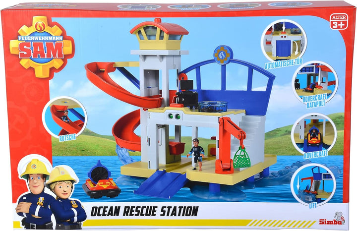 Simba 109252518 - Feuerwehrmann Sam Neue Wasserwacht, mit Sound, mit Landeplatz für Helikopter, Wall