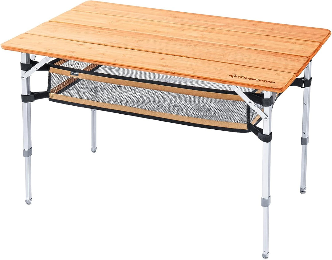 KingCamp Falten Bambus Campingtisch Klapptisch Verstellbare Höhe Aluminiumrahmen für Outdoor Camping