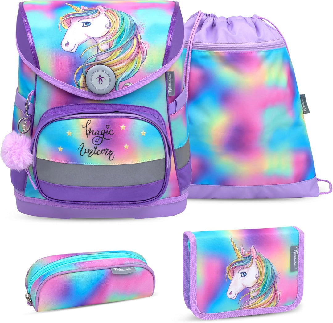 Belmil ergonomischer Schulranzen Set 4 -teilig für Mädchen 1-4 Klasse Grundschule/Brustgurt/Magnetve