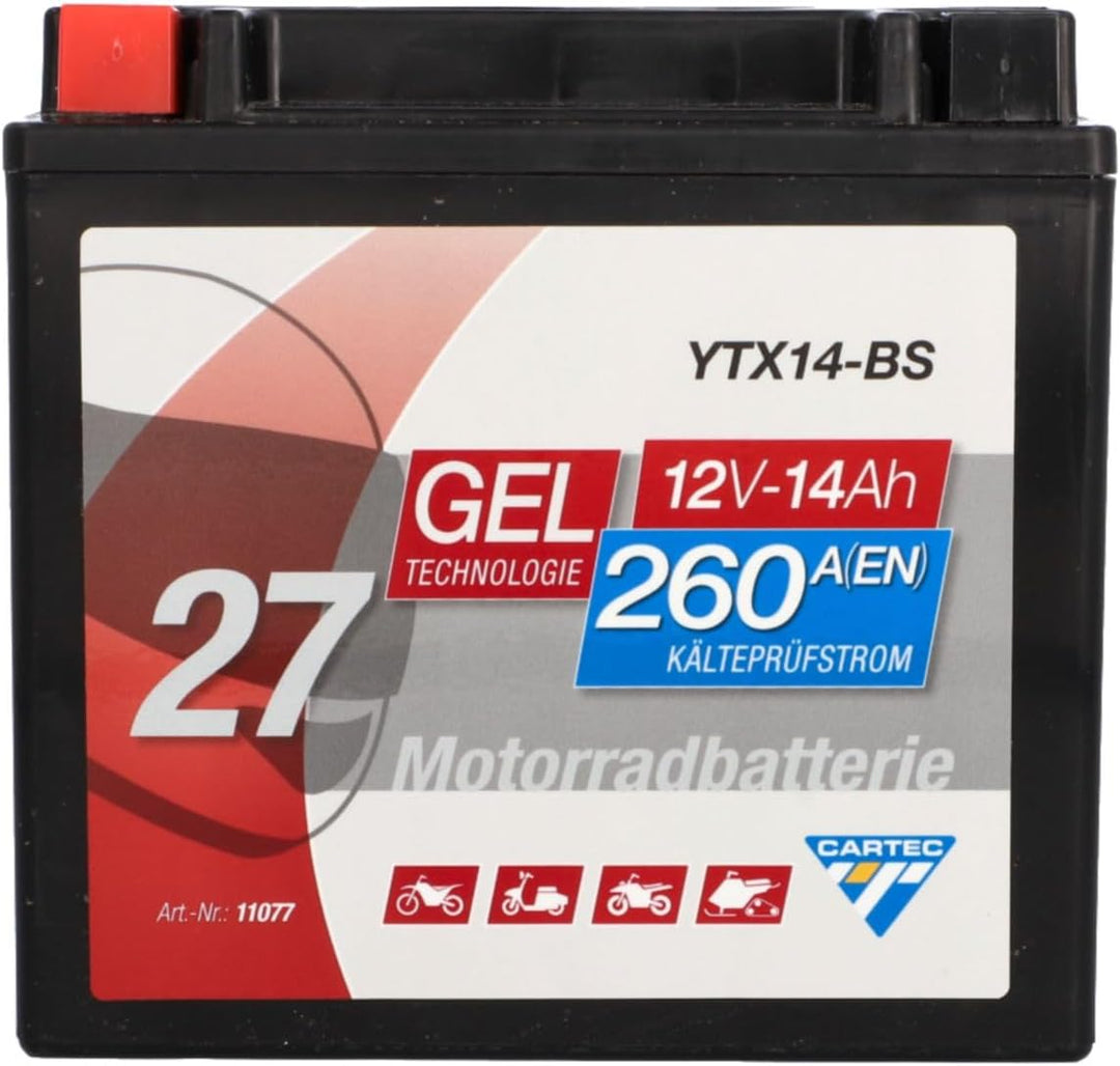 CARTEC Motorradbatterie YTX14-BS, 12Ah, 200A, Gel Technologie Motorrad-Starter-Batterie, Erstausrüst