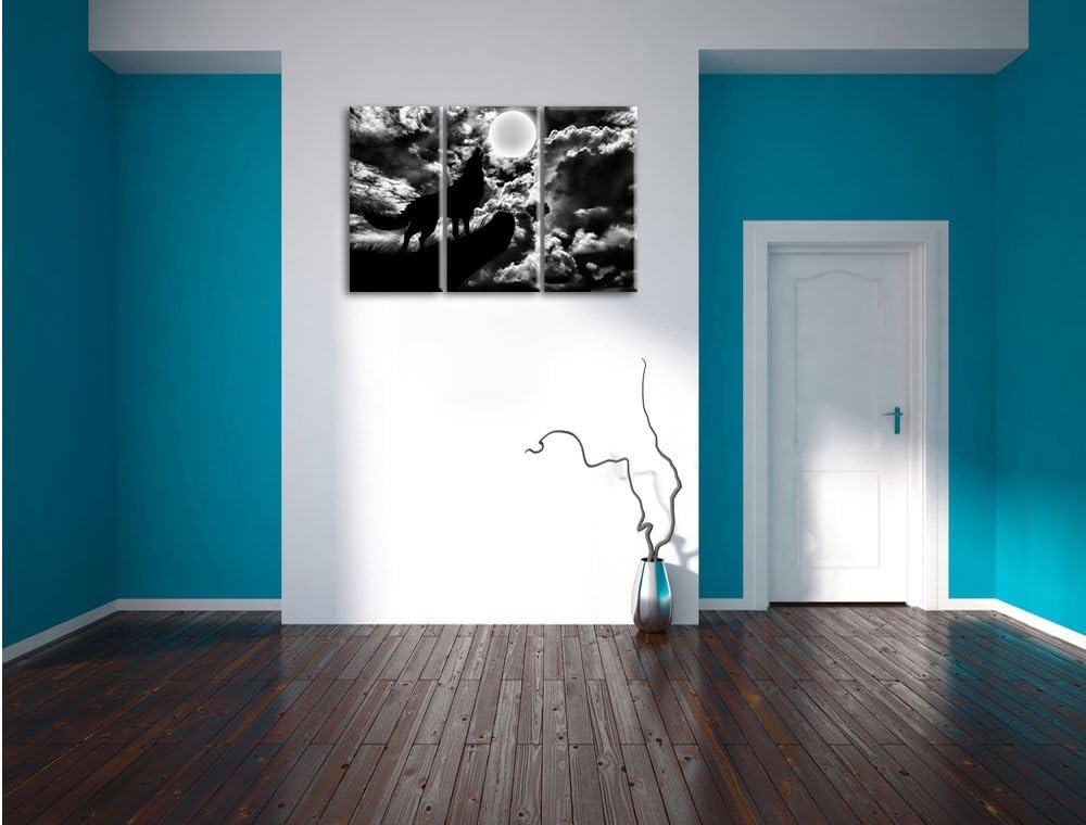 Pixxprint Wolf im Mondschein als Leinwandbild/Grösse: 3 Teilig (120x80) cm/Wandbild/Kunstdruck/ferti