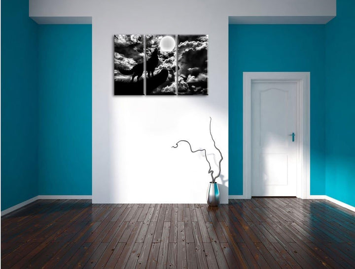 Pixxprint Wolf im Mondschein als Leinwandbild/Grösse: 3 Teilig (120x80) cm/Wandbild/Kunstdruck/ferti