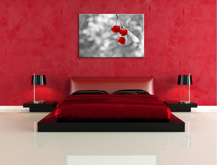 glänzende Kirschen am Zweig schwarz/weiss Format: 100x70 auf Leinwand, XXL riesige Bilder fertig ger