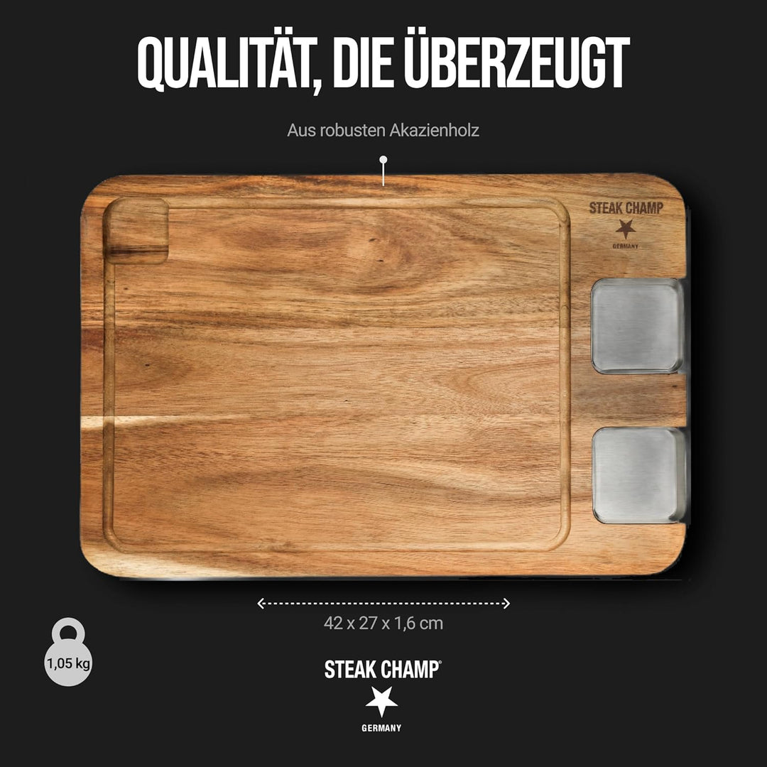 Steak Champ Premium Essbrett aus Akazie mit Sauciere: Servierbrett für Steak aus Holz ohne Gravur, o