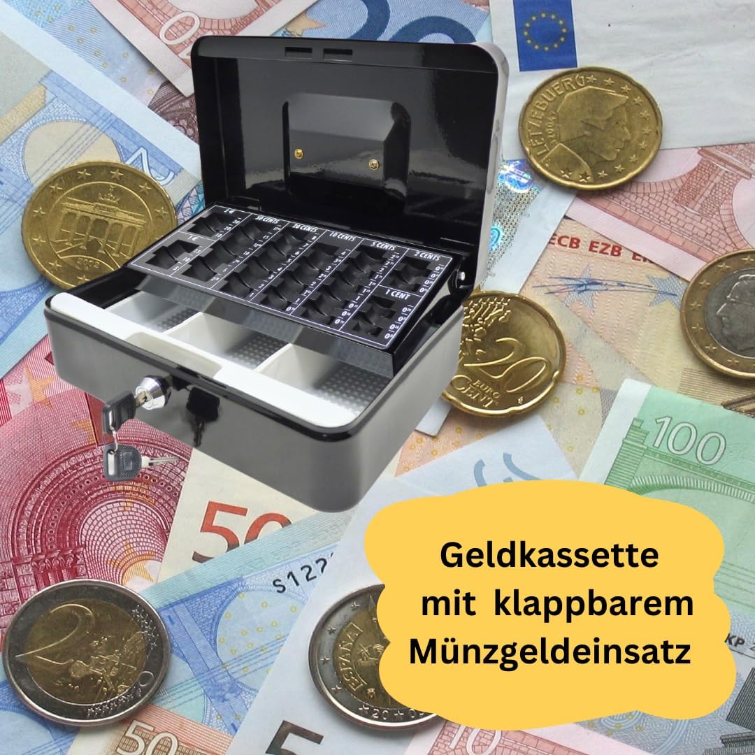 Geldkassette aus Metall - Schwarz mit Münzeinsatz - 250 x 180 x 90 mm, Schwarz