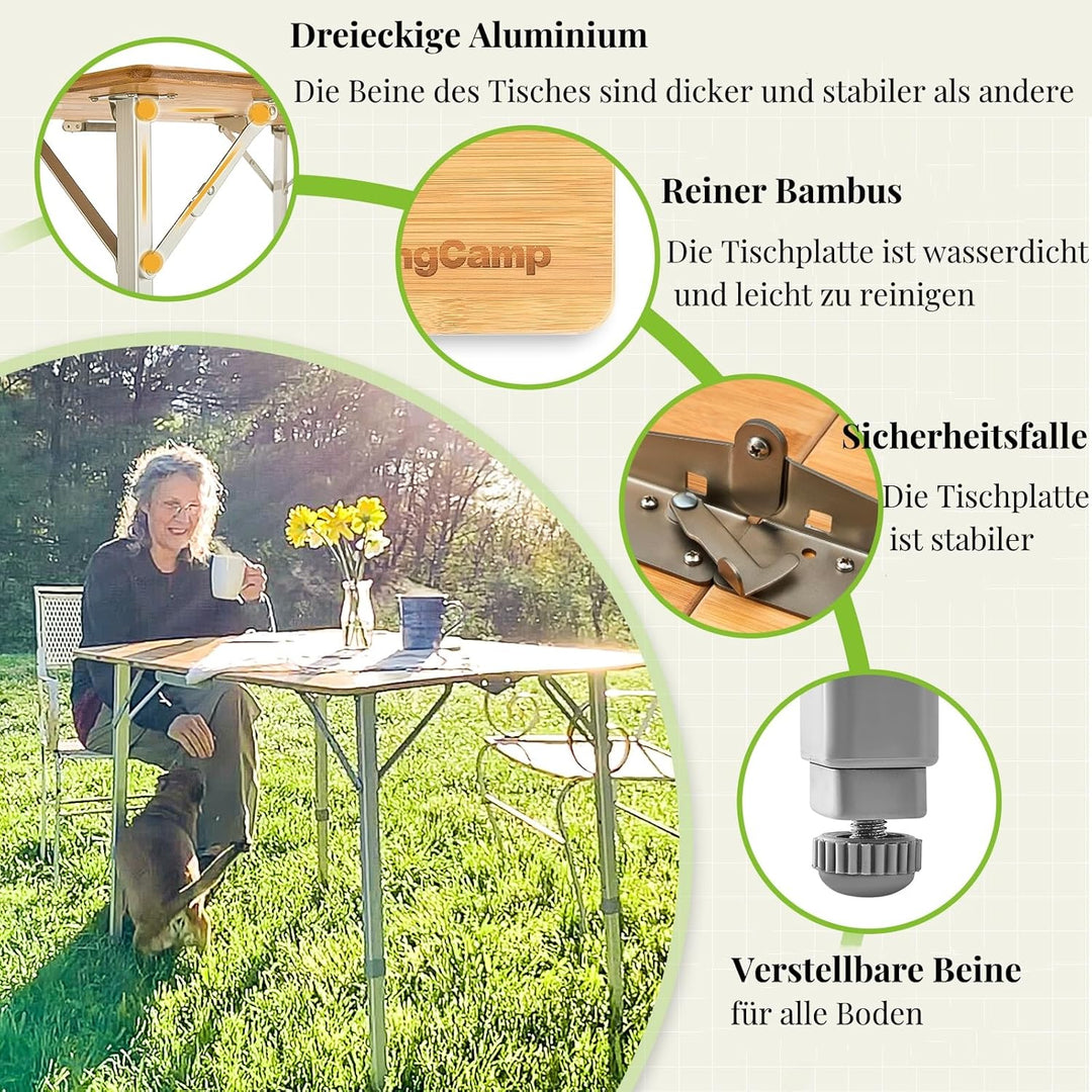 KingCamp Falten Bambus Campingtisch Klapptisch Verstellbare Höhe Aluminiumrahmen für Outdoor Camping