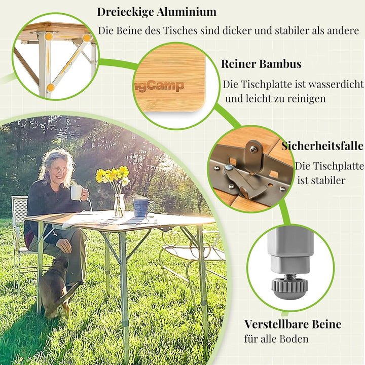 KingCamp Falten Bambus Campingtisch Klapptisch Verstellbare Höhe Aluminiumrahmen für Outdoor Camping