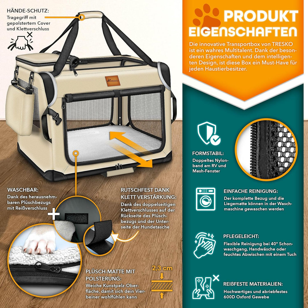TRESKOยฎ Hundebox faltbar inkl. Leckmatte, Spatel & Reflektoren XXL 92x63x63cm | Transportbox fรผr Hun