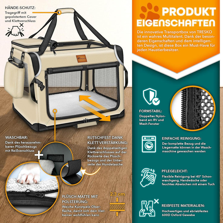 TRESKOยฎ Hundebox faltbar inkl. Leckmatte, Spatel & Reflektoren XXL 92x63x63cm | Transportbox fรผr Hun