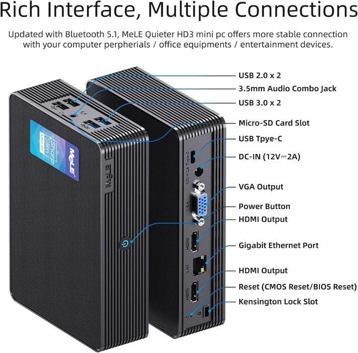 MeLE Mini PC, QuieterHD3 Celeron N5105 16GB 512GB Windows 11 Pro Mikrocomputer, Lüfterloser Kleiner