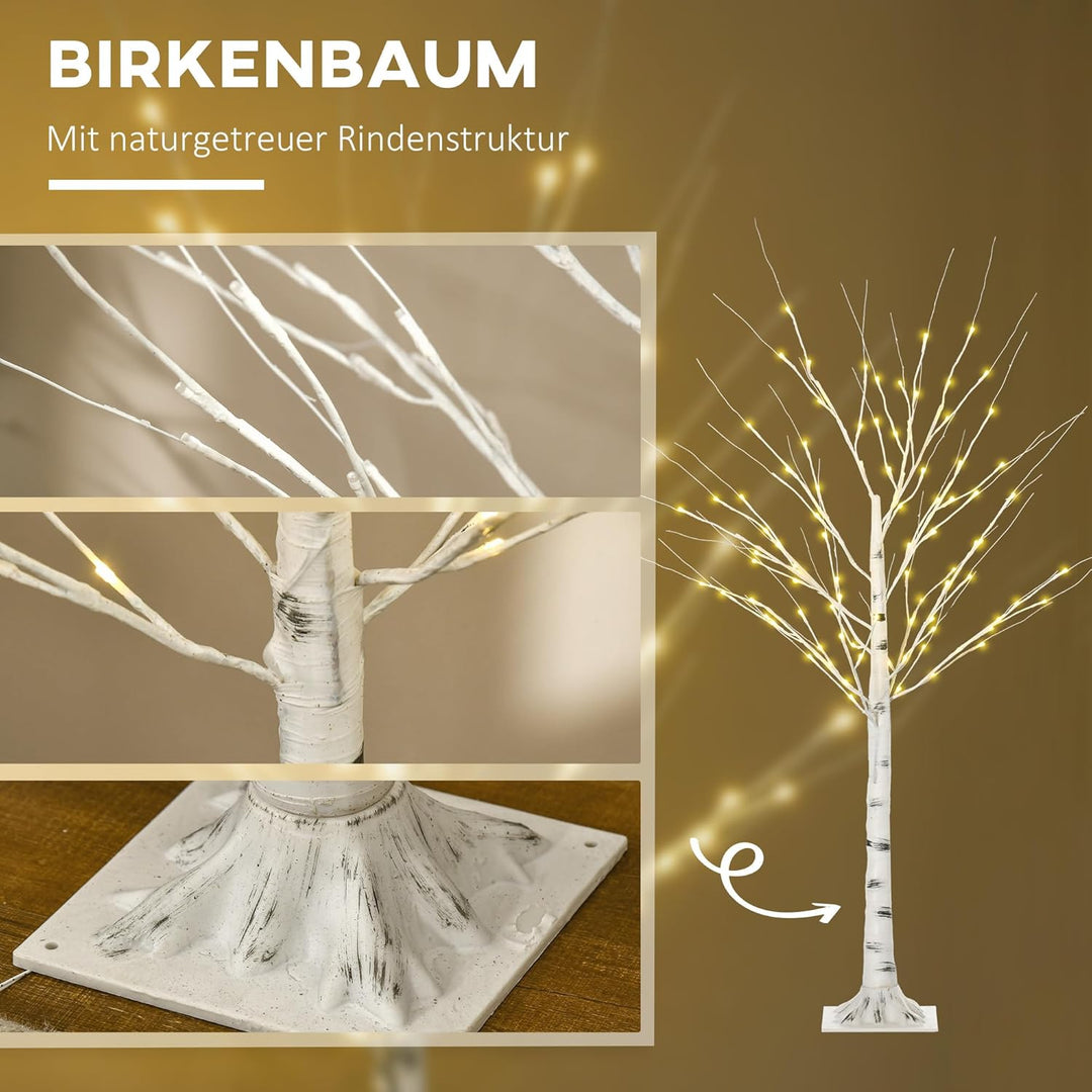 HOMCOM 150 cm Kunstbaum, Birkenbaum mit LED, Weihnachtsbaum Birken, Weihnachtsdeko Kunstbirke für Pa