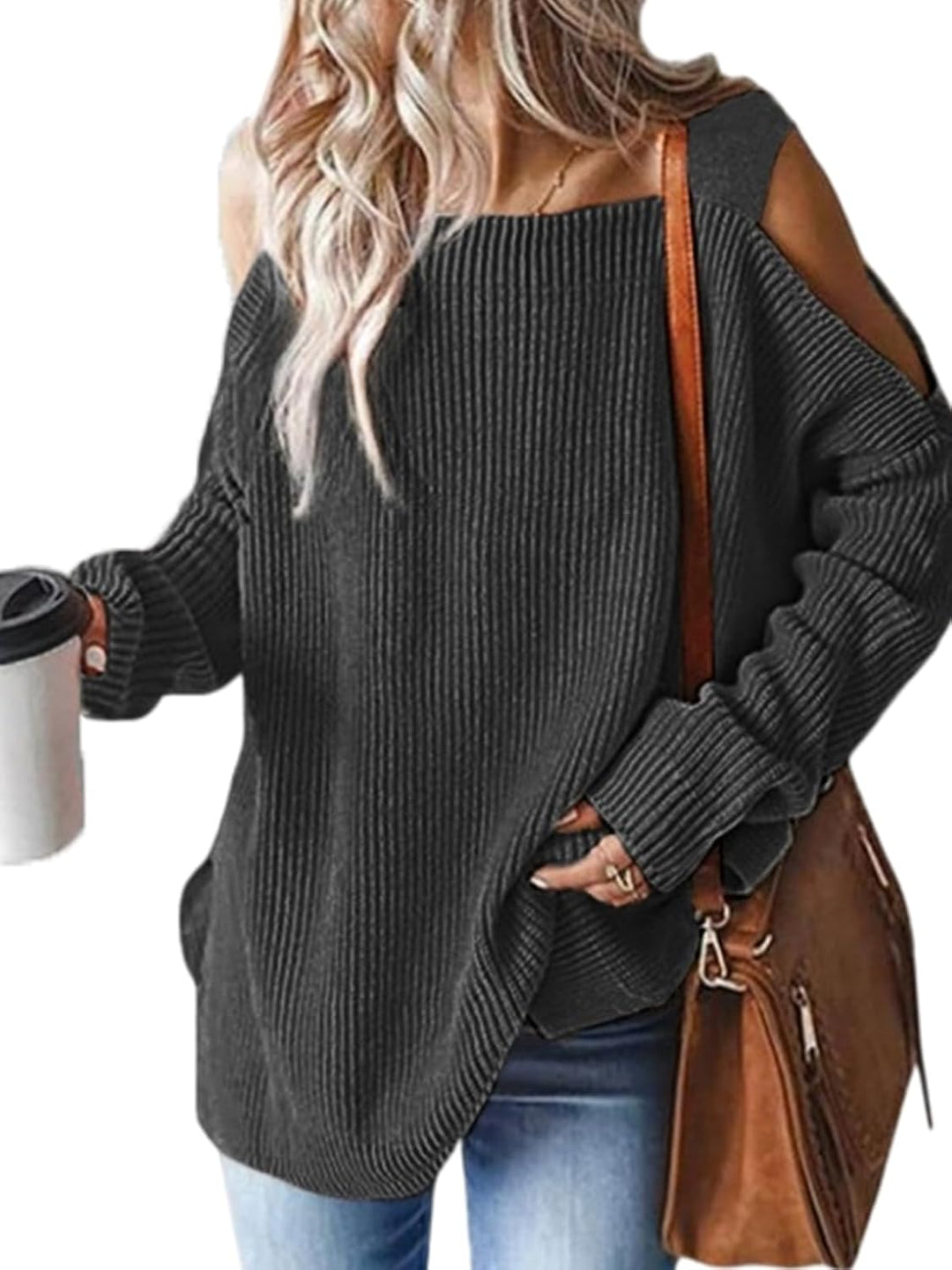 CUPSHE Damen Strickpullover Karrée Ausschnitt Langarm Seitenschlitz Feinstrick Schulterfreier Pulli