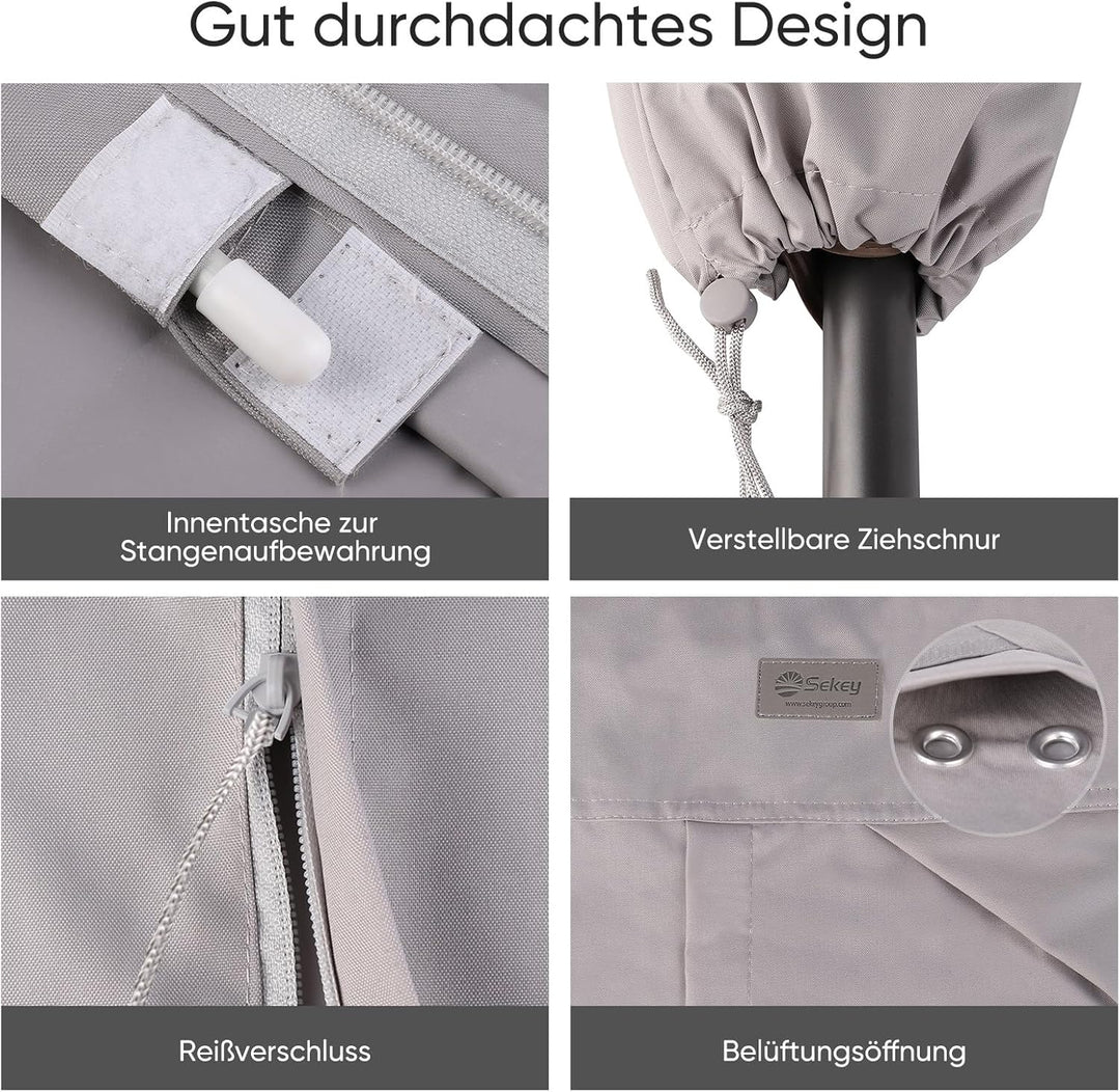 Sekey® Schutzhülle für Ampelschirm,Abdeckhauben für Sonnenschirm, Reissfest, Grau Grau 260 x 65cm