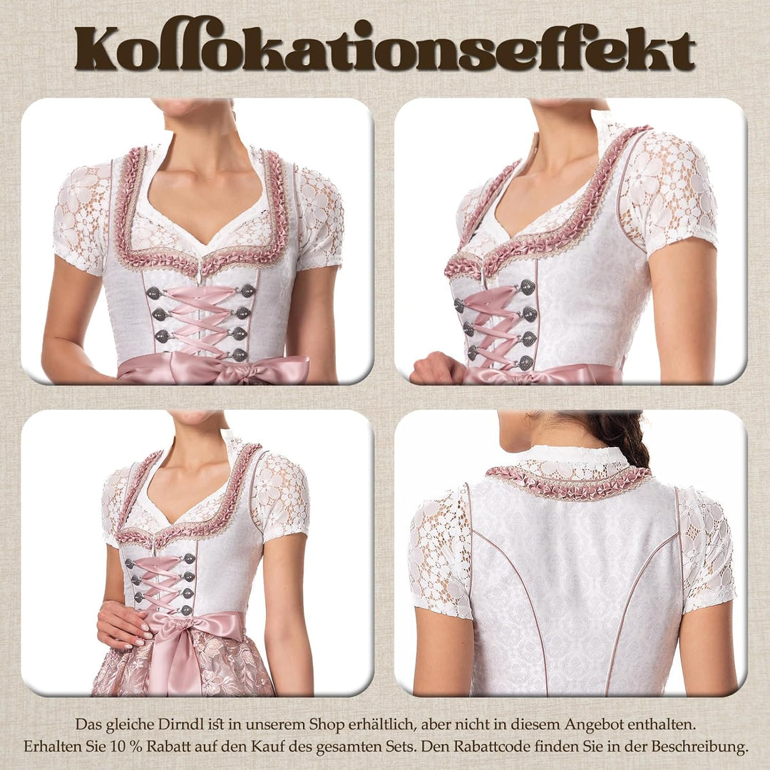 Dirndlparty Dirndlbluse Damen Schlicht, Kurzarm Dirndl Bluse Creme Spitze Trachtenbluse Oktoberfest