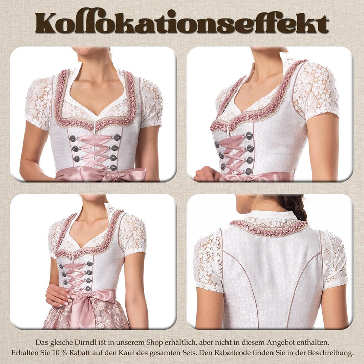 Dirndlparty Dirndlbluse Damen Schlicht, Kurzarm Dirndl Bluse Creme Spitze Trachtenbluse Oktoberfest