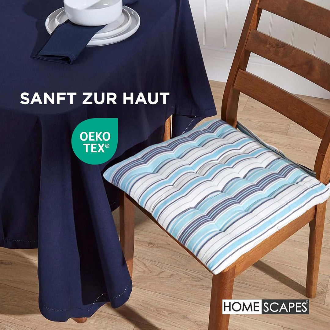 Homescapes 4er Set Stuhlkissen 40 x 40 cm, dunkelblau, Sitzkissen mit Bändern und Knopfverschluss, e