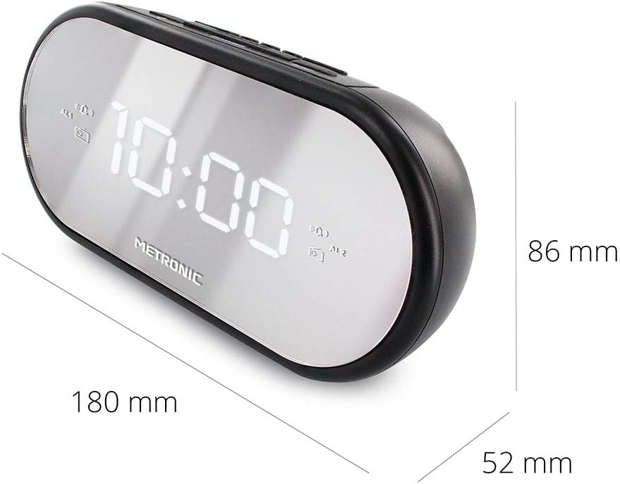 Metronic 477037 FM-Radiowecker, Spiegel, Doppelalarm, mit Sleep/Snooze-Funktion, einstellbare Hellig
