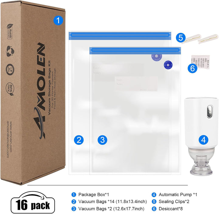 AMOLEN Filament Vakuumbeutel Kit mit Automatischer Pumpe,16 pcs Wiederverwendbare Filament Feuchtigk